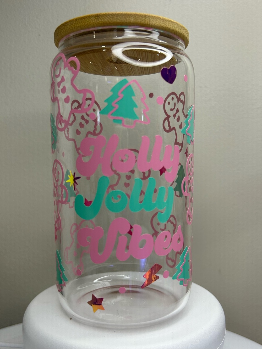 Holly Jolly Vibes Decorative Glass Tumbler with Bamboo Lid & Glass Straw